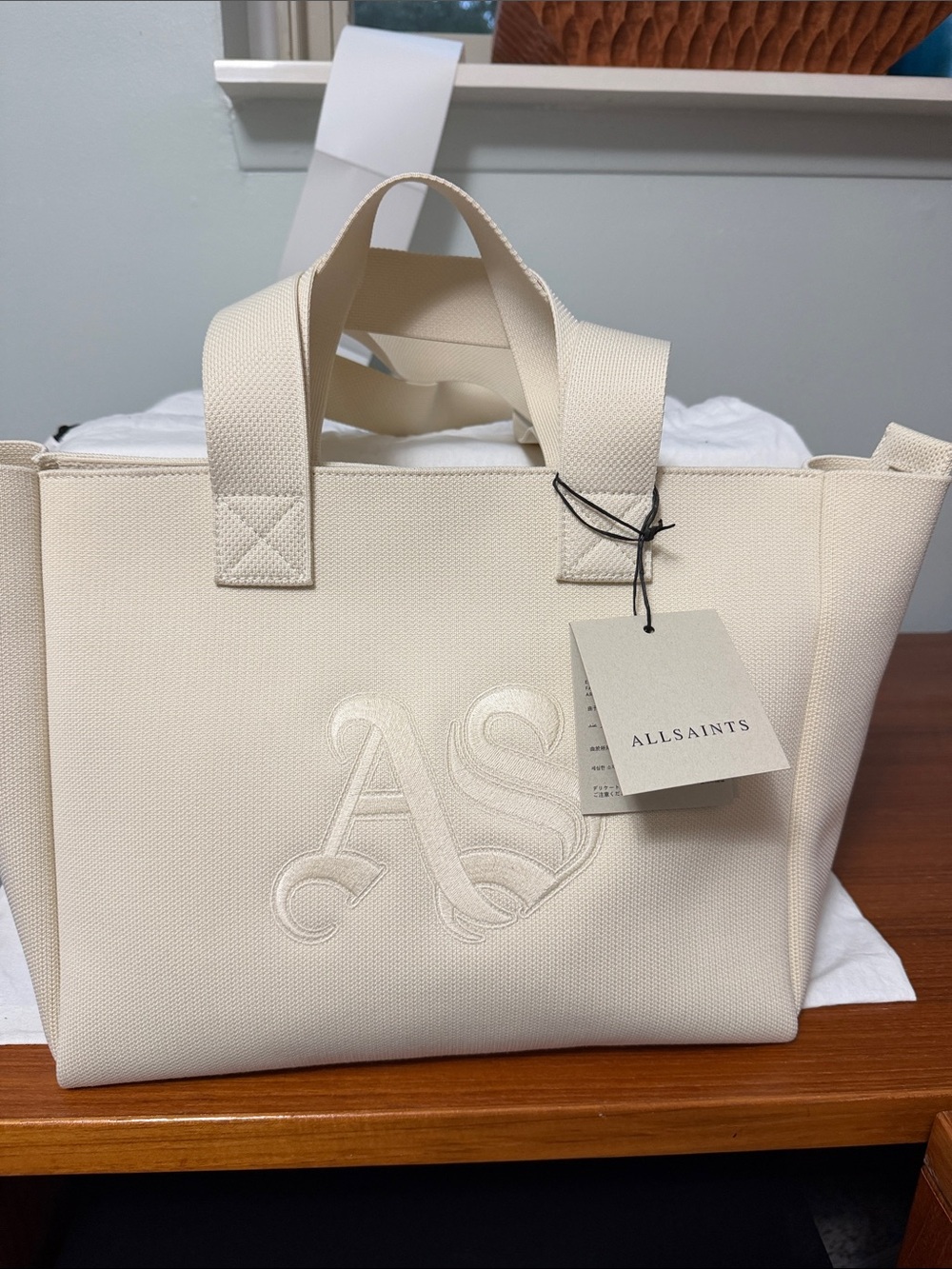 AllSaints Cream Canvas Tote with Embossed AS Logo